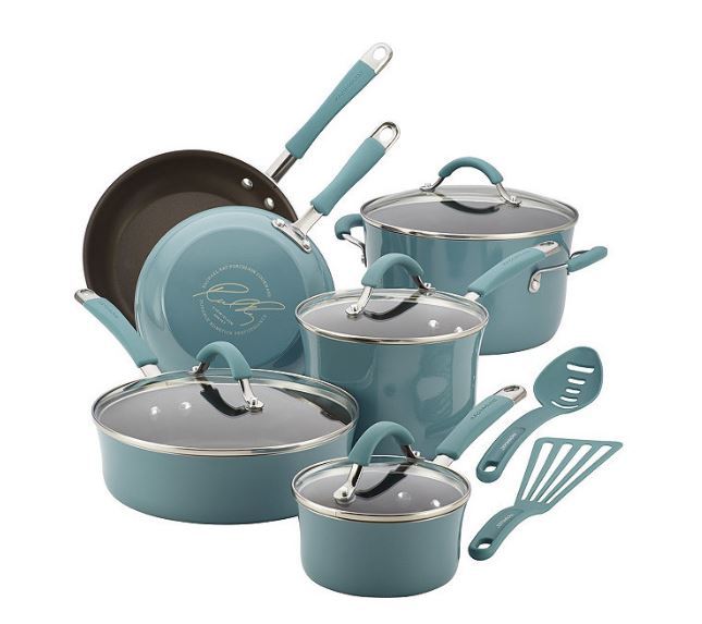 lot 206 image: FOR PARTS  REPAIR - Rachael Ray Cucina 12-Pc. Nonstick Cookware Set - DAMAGED ITEMS
