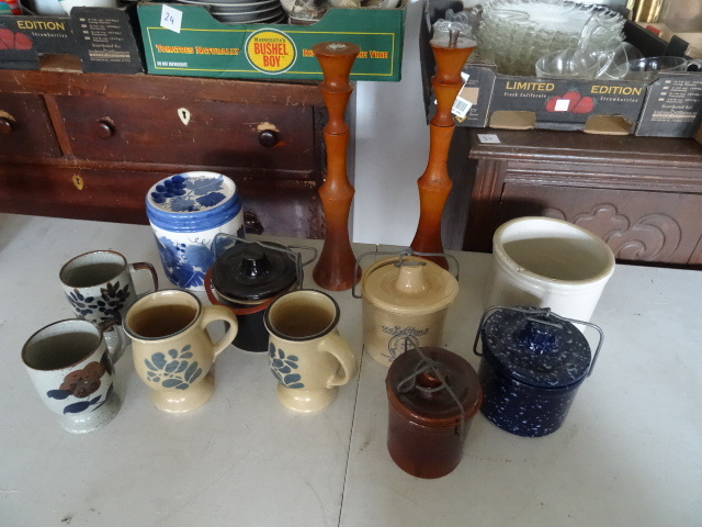 lot 128 image: Cheese Crocks, Wood Candle Holders,