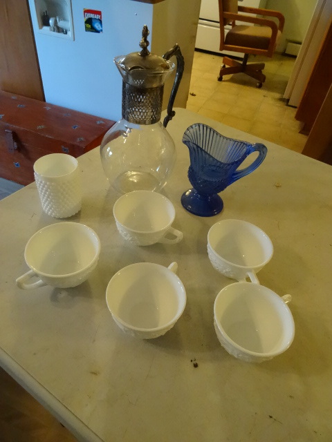 lot 244 image: Vintage Coffee Pot, Misc Milk Glass, Blue Glass Pitcher