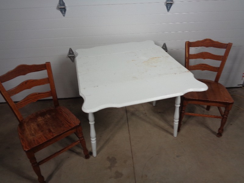 lot 94 image: Old Wood Drop Side Table and Two Chairs