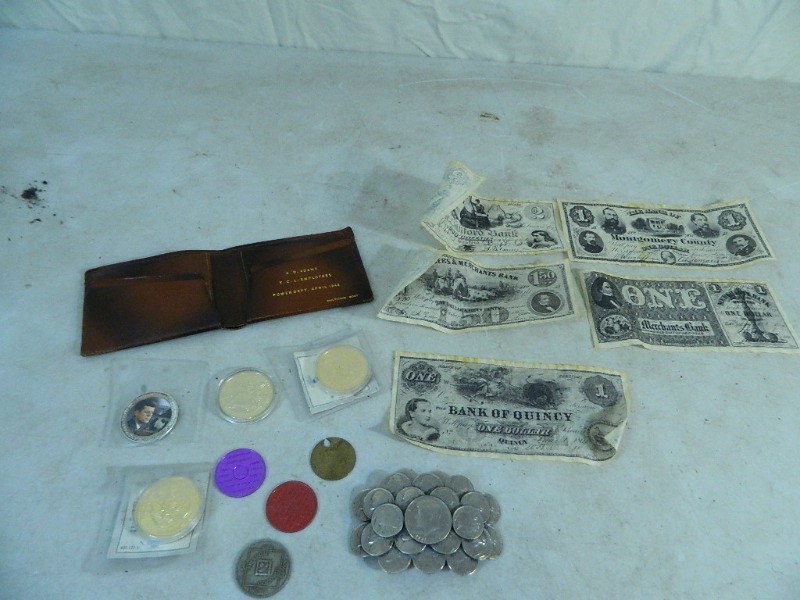 lot 16 image: Collector Coins, Vintage Wallet, Belt Buckle, More