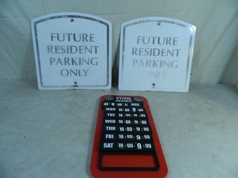 lot 33 image: 2 Metal Signs and Store Hours Sign