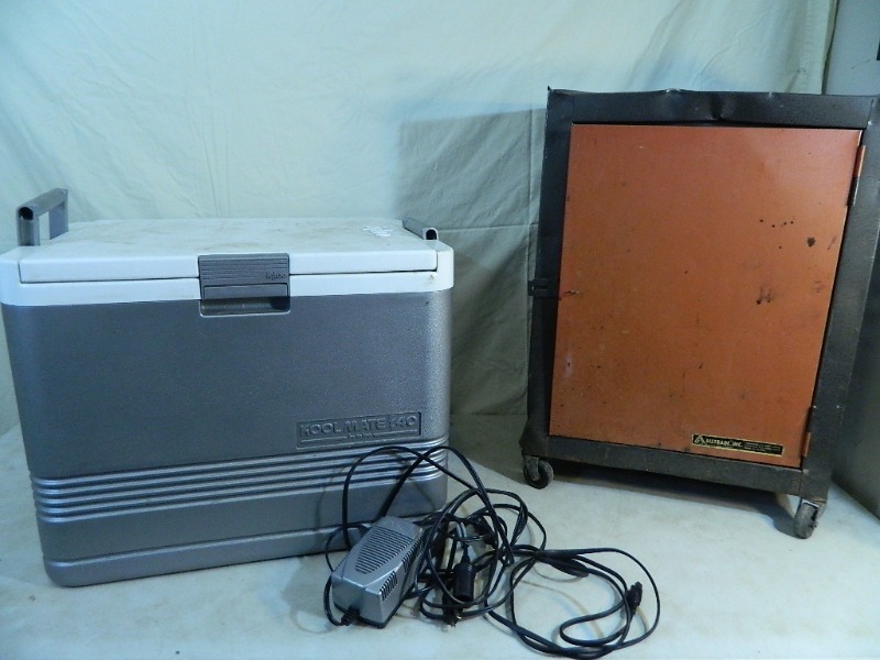 lot 54 image: Metal Shop Cabinet and Igloo Plug In Cooler