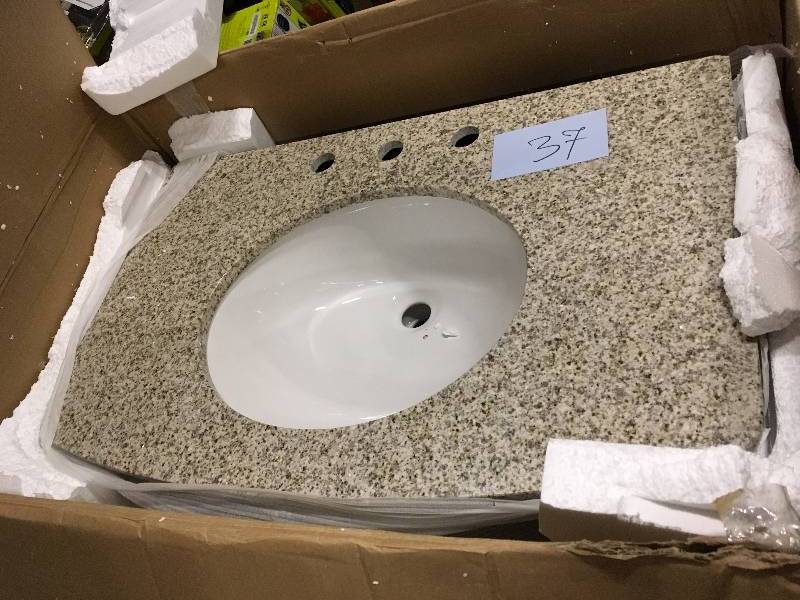 Pegasus PEMDV1218 31 D vanity in cherry with marble vanity top cream and white basin, not used splash missing, slight damage on back corner never used