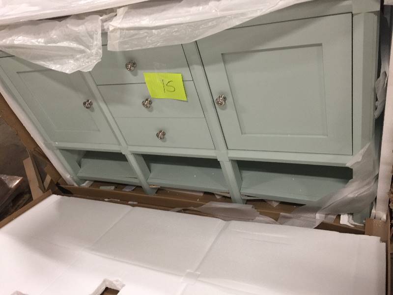 Martha Stewart Living Sutton 60 in W x 22 in D vanity in Rain Water not used damaged bottom see pictures Retails for $1750