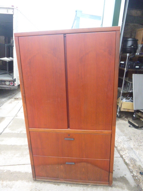 lot 91 image: Cherry Wood Office Supply Cabinet with File Drawers