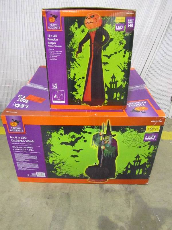 lot 10 image: 12 Inflatable Phantasm Pumpkin Reaper, 80 Gertie Cauldron Witch