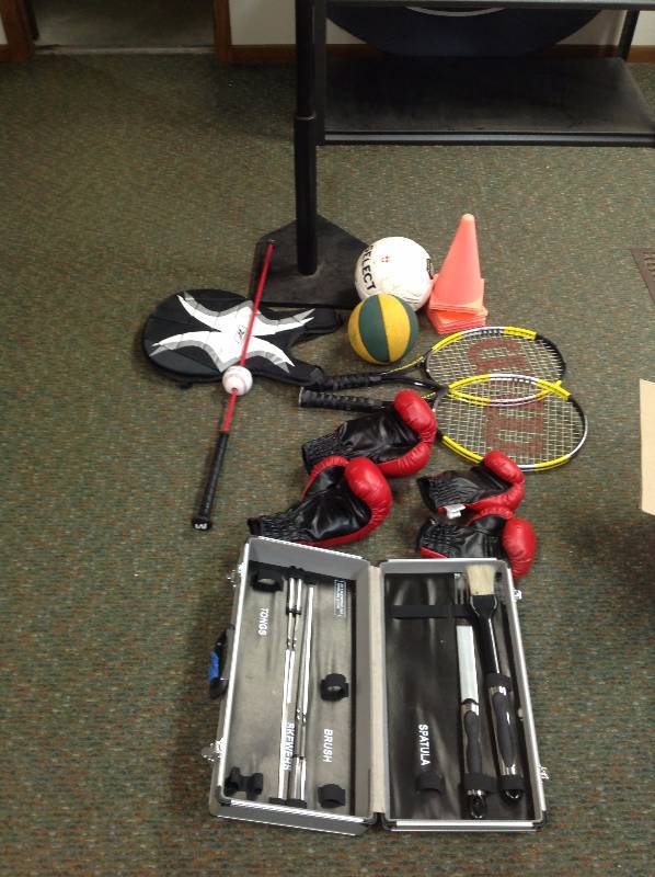 lot 84 image: T-Ball Items, Soccer Ball, Cones, Boxing Gloves, Grill Set, Tennis Rackets