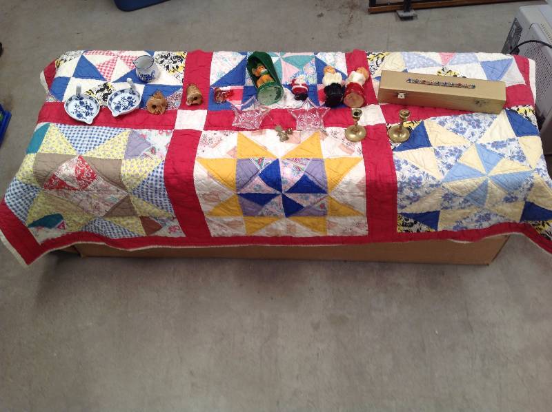 lot 6 image: Quilt, Candle Holders and Figurines, Wooden Box, Venna Woods Dishes, Brass Candle holder