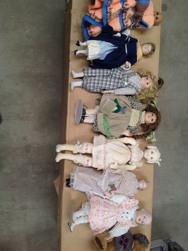 lot 8 image: Lot of Eight Dolls, Four are Porcelain, Teddy Bear
