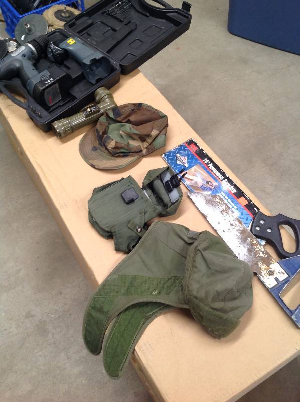 lot 9 image: Military Items, Drill Set, Saws.