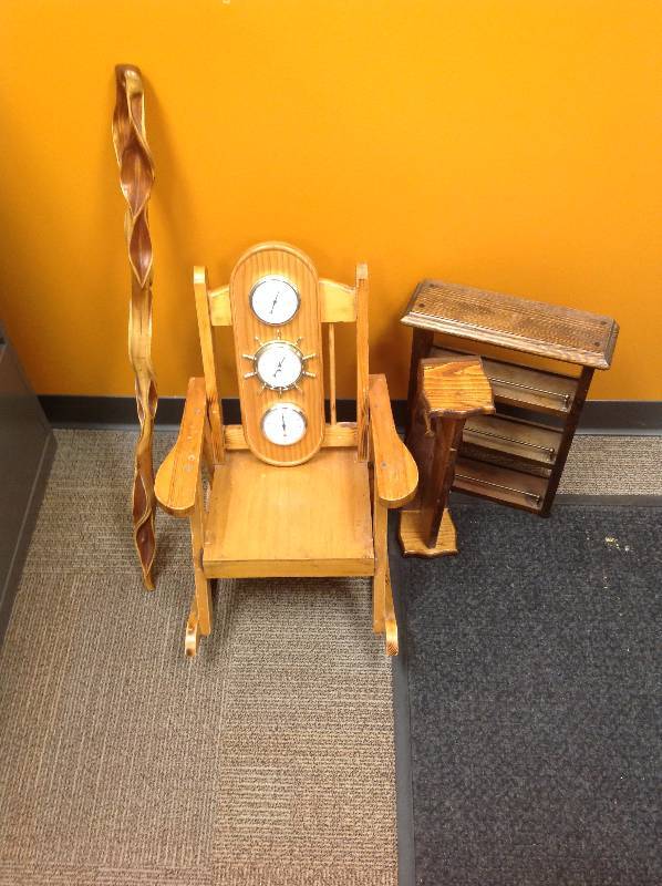lot 38 image: Wooden Shelves, Wooden Rocking Chair, ThermometerBarometerhumidity Clock, and a Wood Walking Cane