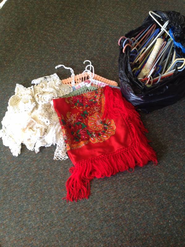 lot 44 image: Large Bag Of Hangers, Many Doyles and a small Decrotive Table Cloth