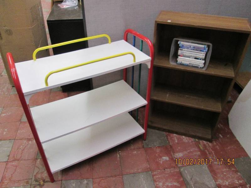 2 shelves and a plastic tote of DVD...