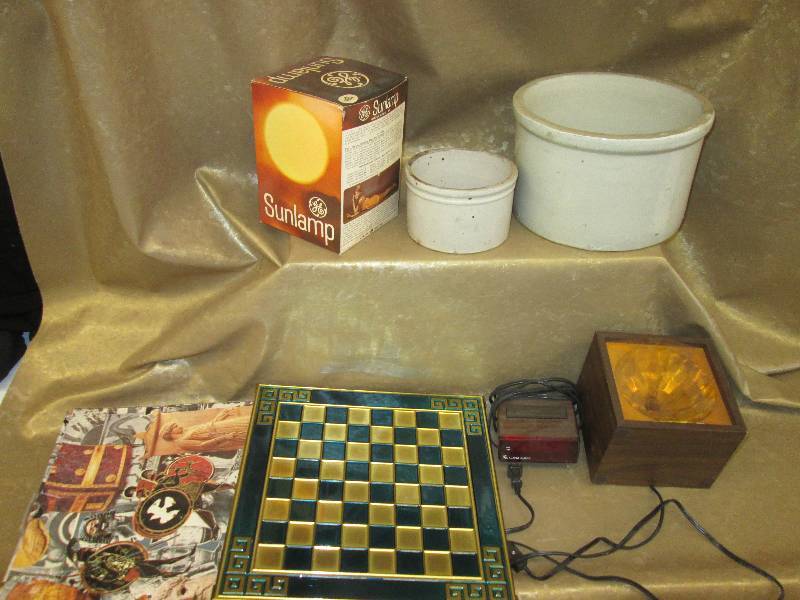 Vintage crocks, sunlamp, chess boar...