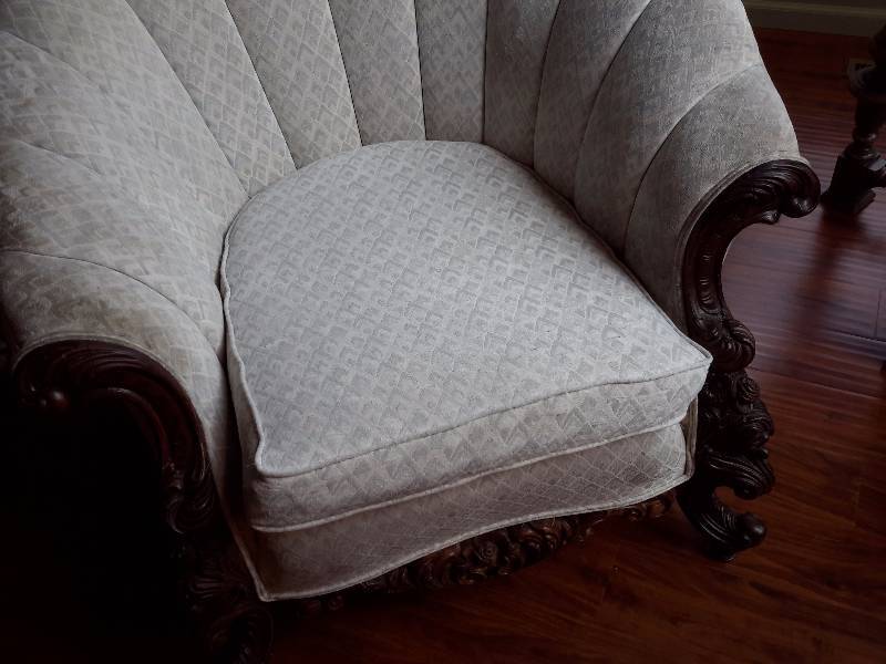 lot 6 image: Fan Back, Barrel Chair with intricate carved wood trim.. LARGE CHAIR