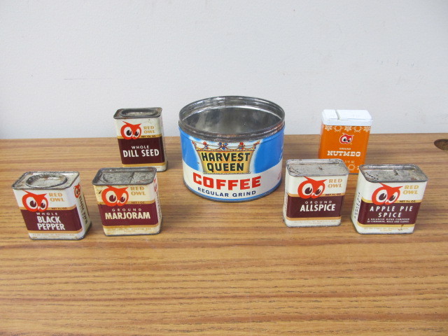 lot 22 image: Lot of Vintage RED OWL Advertising Spice Tins & Coffee Can