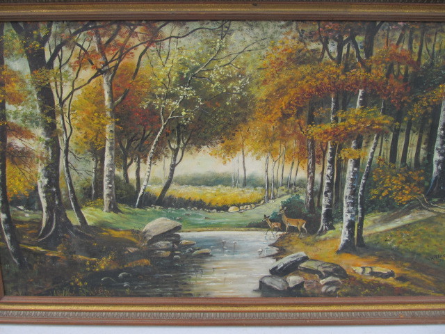 lot 49 image: Large 1956 Signed Landscape Forest Scene Oil Painting