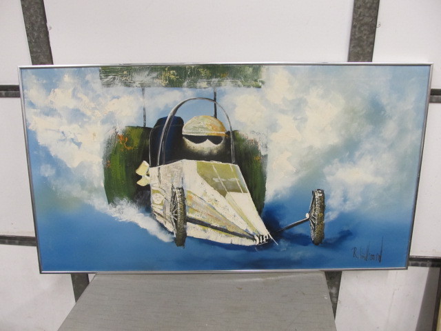 lot 158 image: Vintage Mid Century Drag Racing Signed Oil Painting