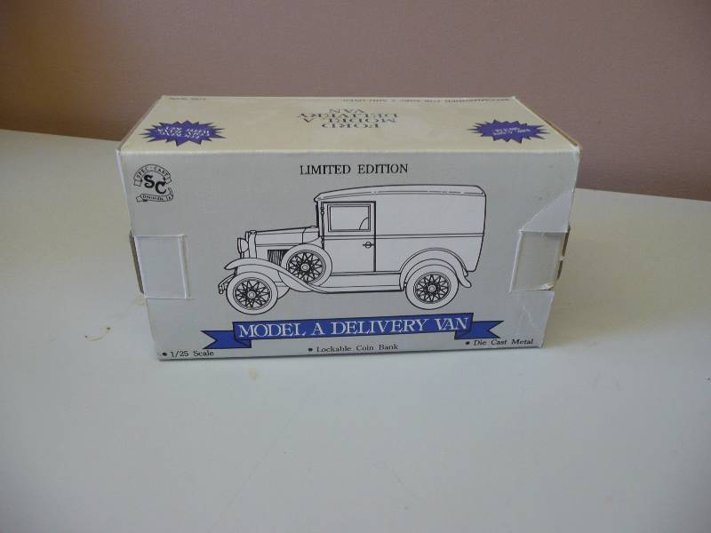 lot 15 image: LIBERTY CLASSICSSPEC CAST  FORD MODEL A DELIVERY VAN DIECAST LOCKING COIN BANK - 1995 BACK TO THE 50S - NEW IN BOX SEE PICTURES