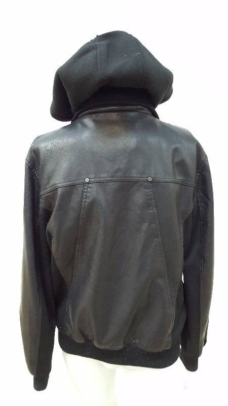 lot 743 image: GUESS Black Faux Leather Hooded Jacket Mens Size Medium