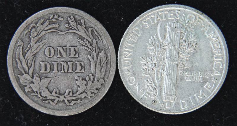 GROUP OF 2 SILVER DIMES 1911 BARBER FINE & 1941-D MERCURY AU