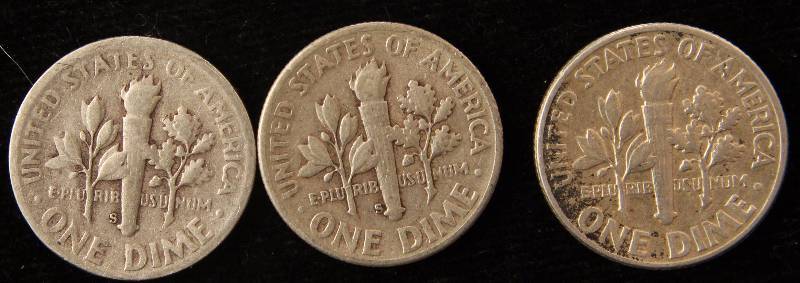 GROUP OF 3 ROOSEVELT SILVER DIMES 1949-S, 1950-S & 1951