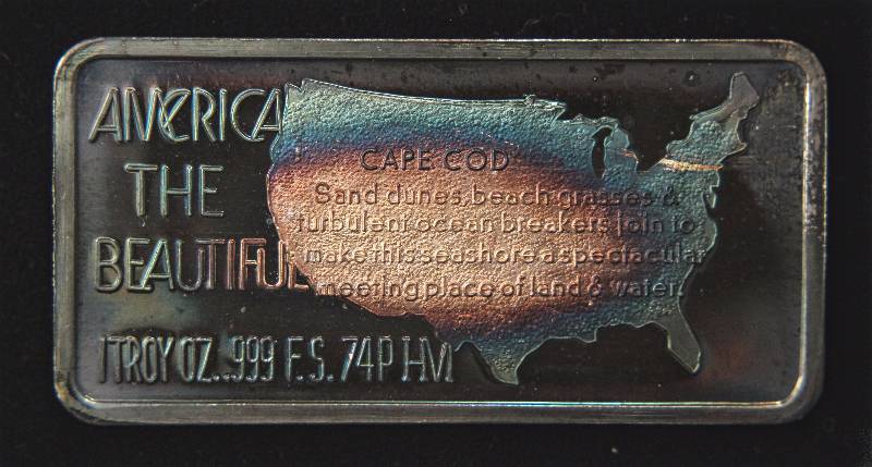 1 TROY OZ. .999 FINE SILVER BAR AMERICA THE BEAUTIFUL CAPE COD NICE TONING