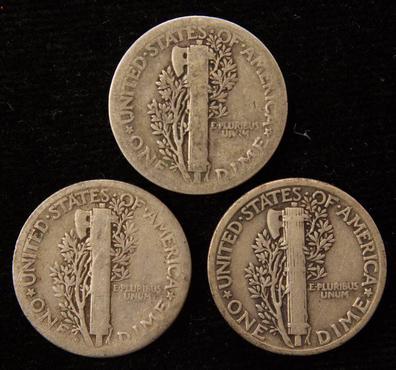 GROUP OF 3 SILVER MERCURY DIMES 1919, 1923 & 1927