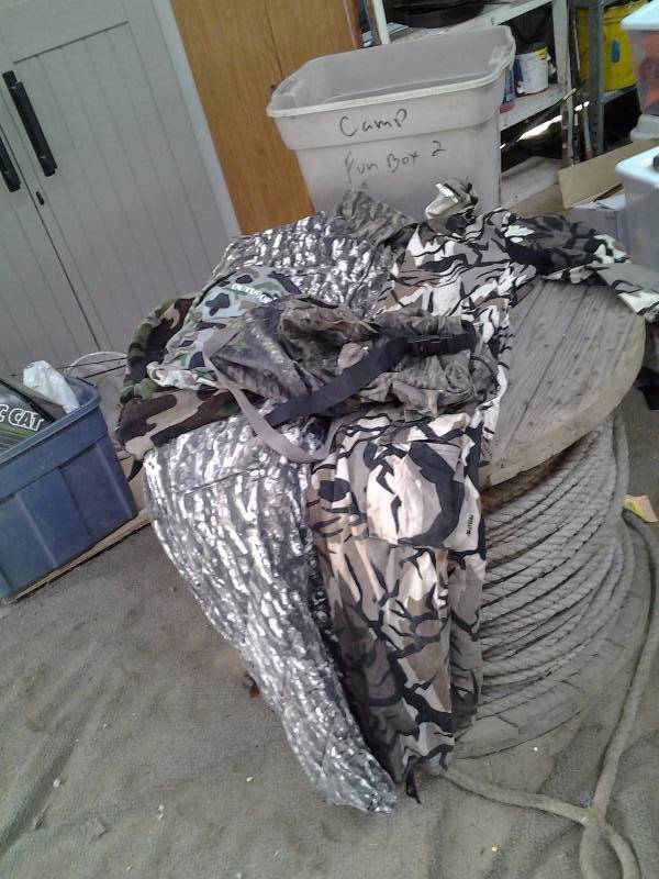 2-Pair Coveralls 1-Insulated, 1-Not, Camo Back Packs All In Tote With No Lid