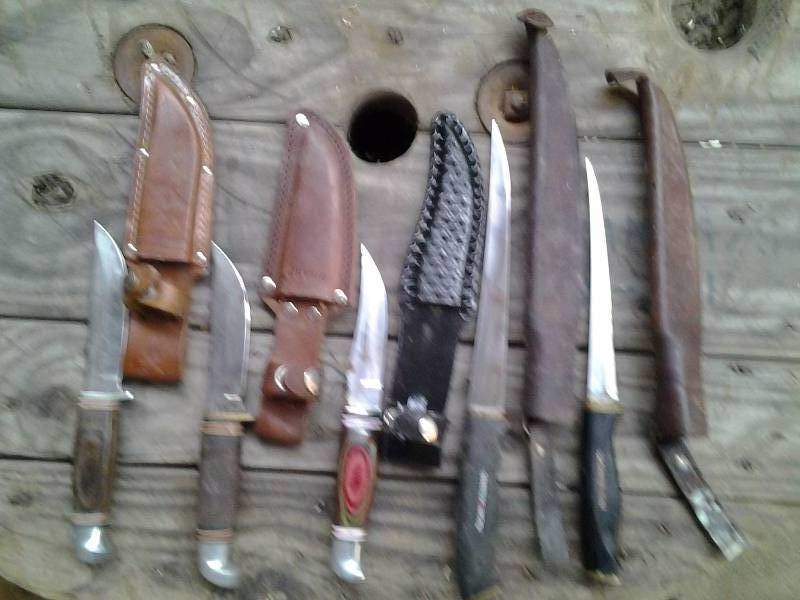 2-Normark Filet Knives, 1-Sharp Hunting Knife, 1-Coleman Hunting Knife, 1-Hand Made Hunting Knife (All Hunting Knives Have Sheaths)