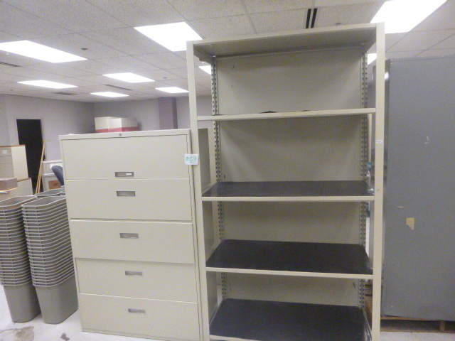lot 69 image: Lateral File Cabinet and Metal Shelf