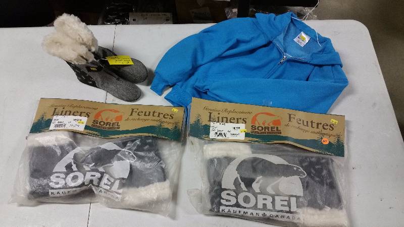 lot 67 image: (3) Pairs of Youth Sorel Liners & Youth Blue Hoodie