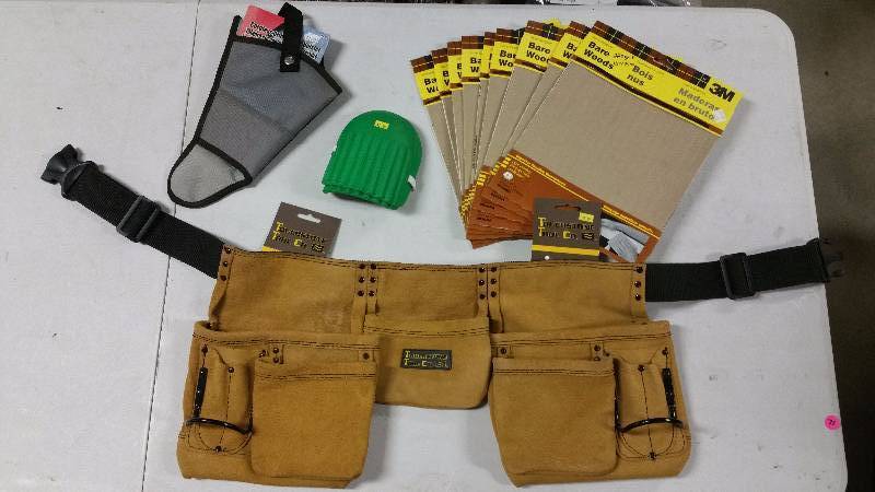 lot 71 image: Leather Tool Belt, Drill Holster, Knee Pads, 3M Sandpaper