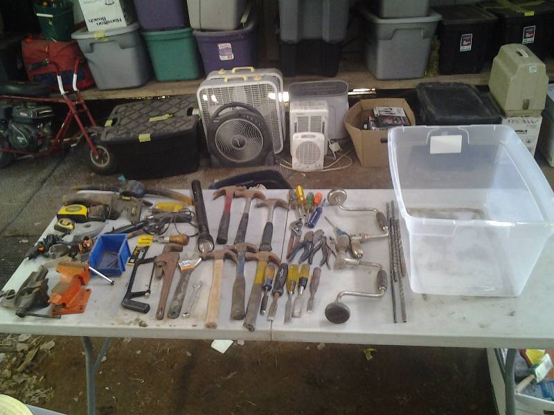 lot 18 image: Lot Of Hammers, Hand Drills, Vise, Assorted Hand Tools Includes Tote With Lid