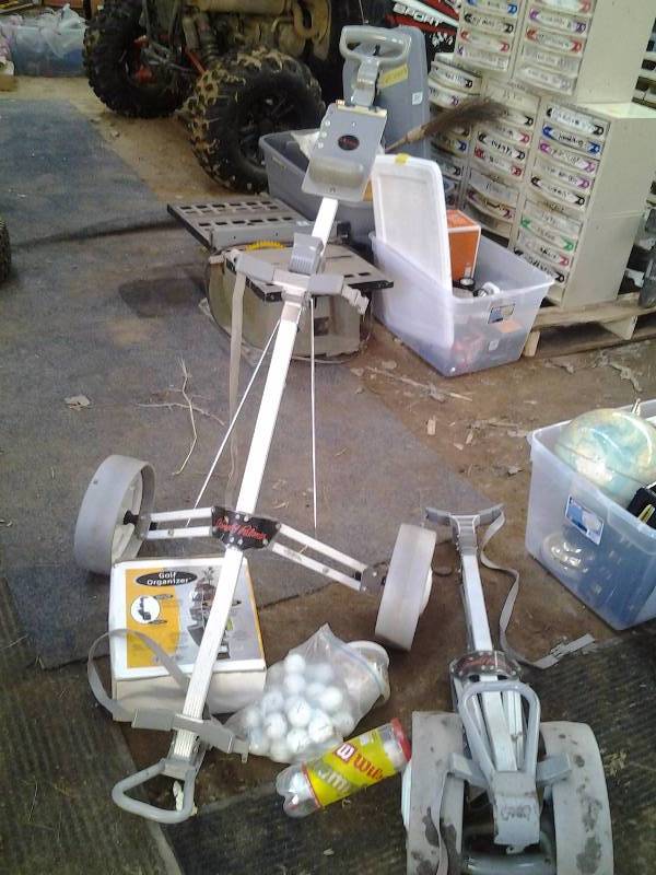 lot 26 image: 2-Arnold Palmer Golf Bag Carts, Golf Organizer, Balls, Tees All In Tote With Lid