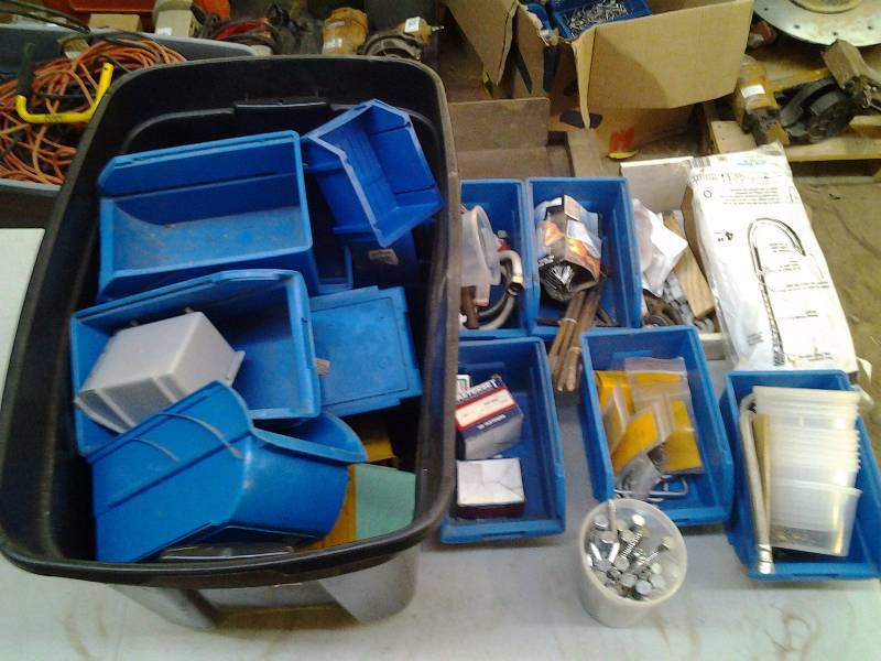 lot 51 image: Tote With Lid Full Of Parts Bins & 2-Boxes Of Parts Bins With Hardware