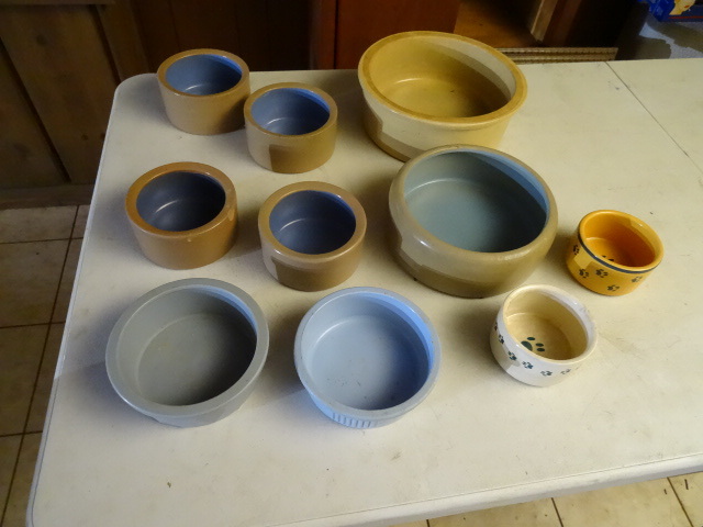 lot 184 image: Variety Stoneware Dog Bowls, 2 Are Plastic