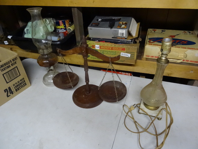 lot 358 image: 1 Oil Lamp, 1 Wood Scale,