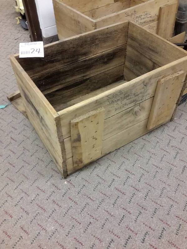 lot 24 image: 2 wood shipping boxes & misc. screws & vintage jack