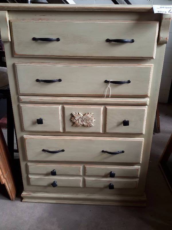 lot 61 image: Tall -Boy wood dresser 5 drawer solid wood