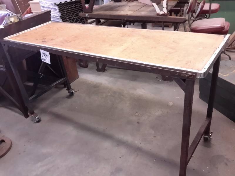 lot 116 image: rolling angle iron work table removable plywood top formika flip side