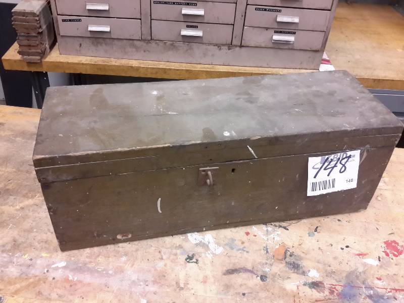 lot 148 image: Collection of wood toy parts & tools in a vintage wood storage box
