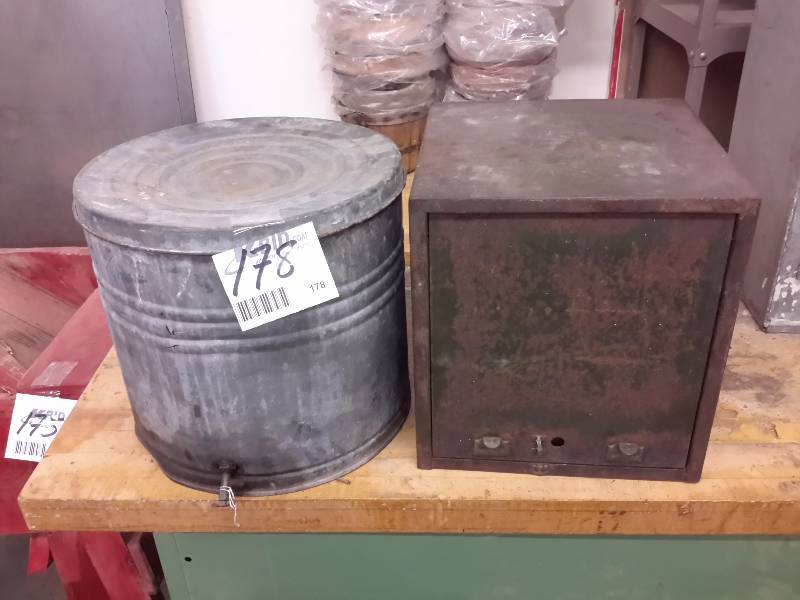 lot 178 image: Galvanize water bucket with spigot  Steel storage cabinet with lift front