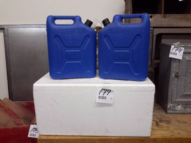lot 179 image: 2 US MC 6 gal. blue water juggs & styrofoam chest cooler