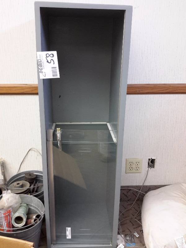 lot 58 image: Wood horizontal  overhead cabinet with glass sliding doors locks