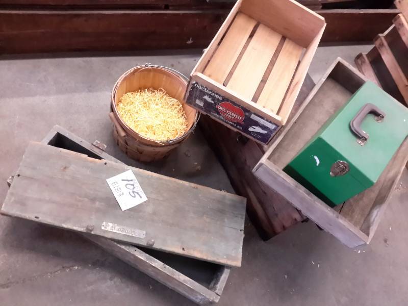 lot 105 image: wood boxes & 2 apple peck baskets as pictured