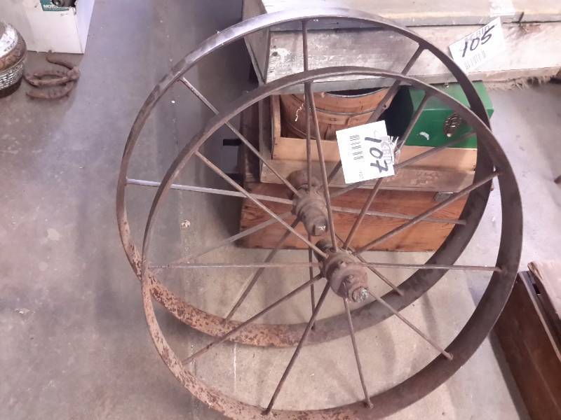 lot 107 image: 2,  32 steel spoke wagon wheel