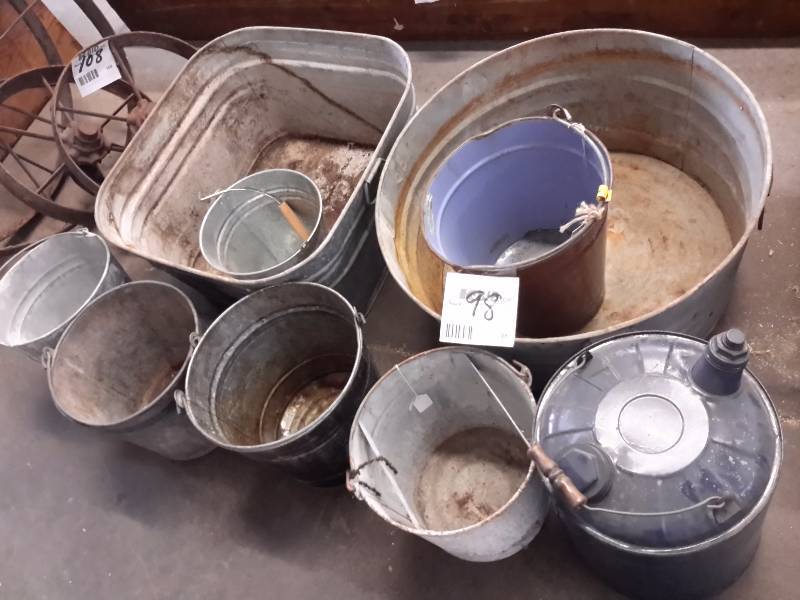 lot 98 image: 2 galvanized wash tubs , 1 kerosene can & 5 pails