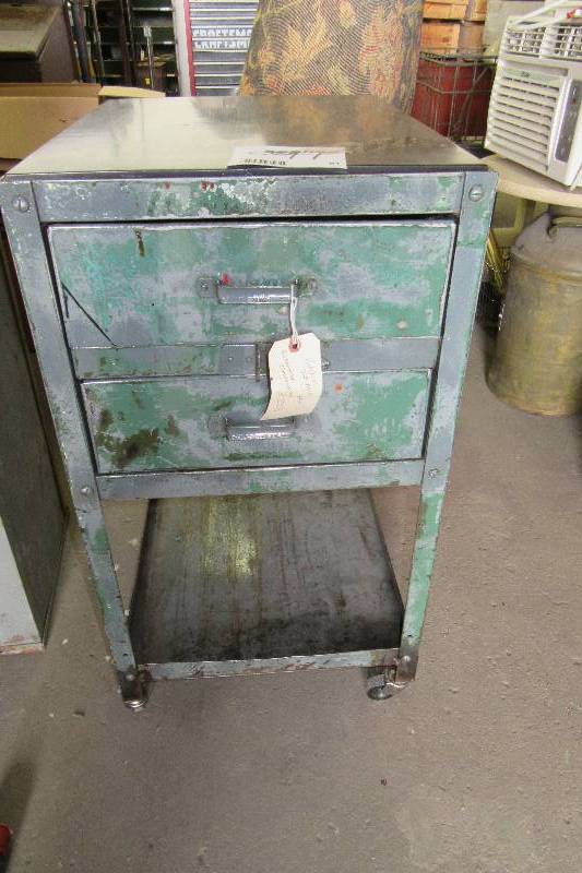 lot 91 image: Rolling Metal Cart with 2 locking draws wood top